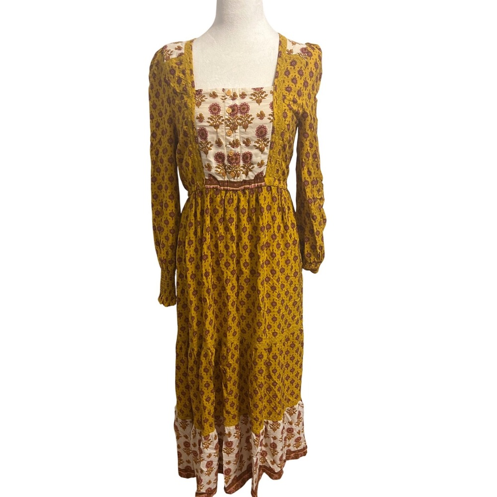 Boho Maxi peasant cottage prairie gold red print‎ square neck Medium